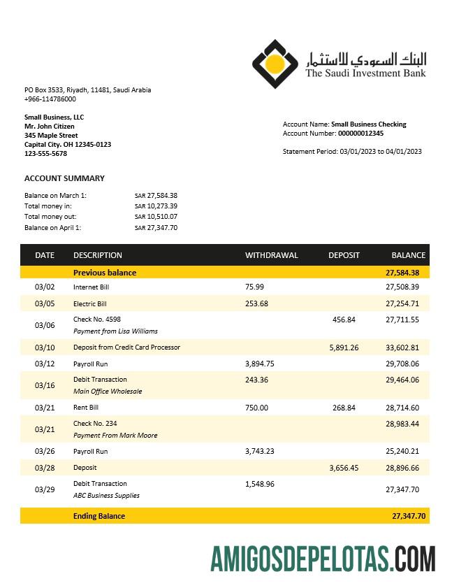 Imprimível Saudi Investment Bank Business Checking modelo de extrato de conta Word e PDF